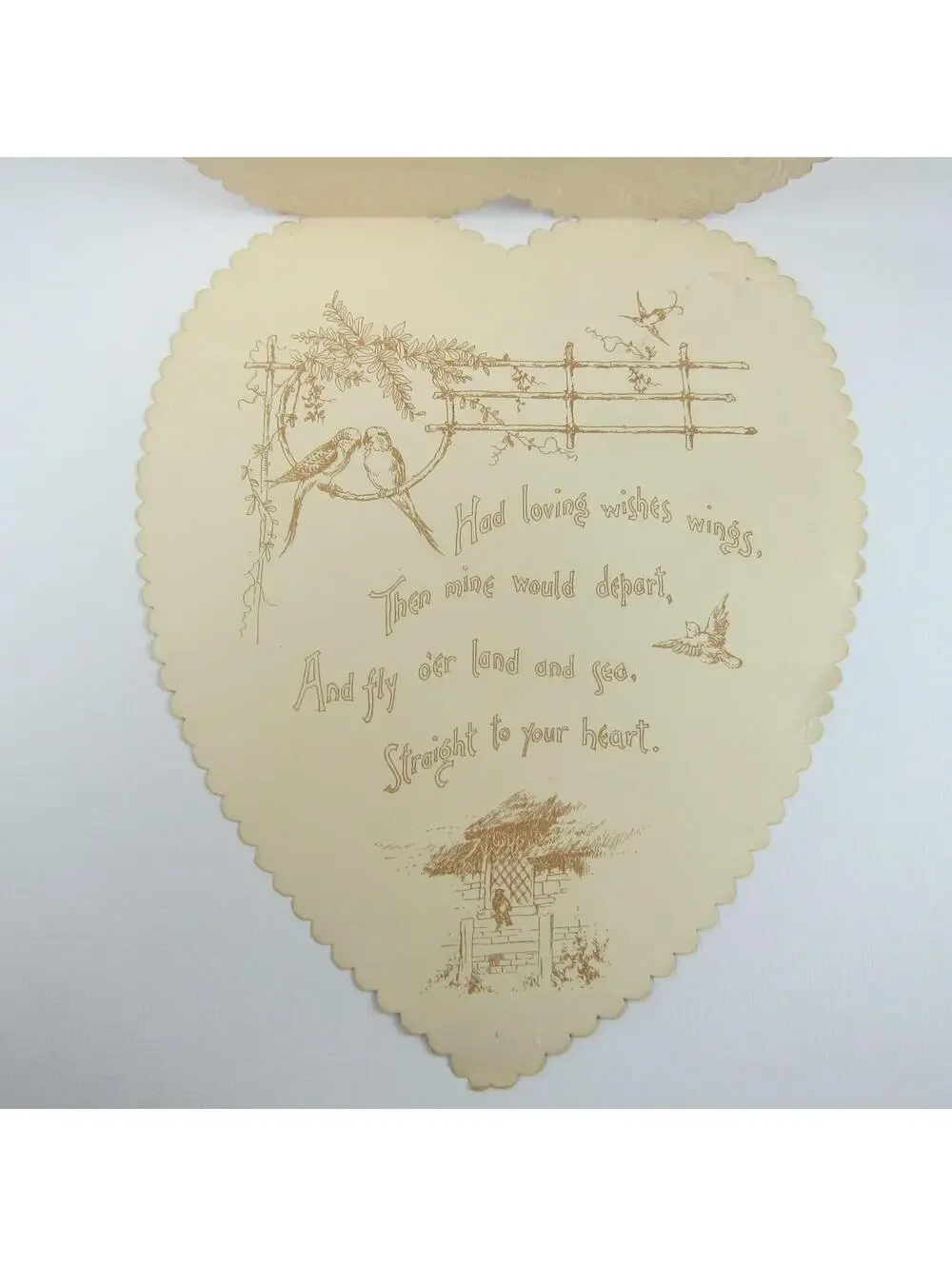 Antique Valentine Die cut Heart LARGE Girl Red Dress Hat Butterfly Cupid Flowers